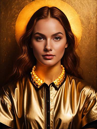 Woman in Metallic Gold Shirt Dress with Halo Effect