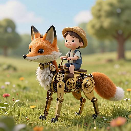 CGI image of a cute boy with brown hair and straw hat riding a mechanical fox with gears in a sunny meadow.