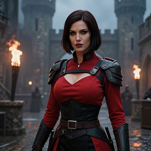 Digital artwork of a fierce, dark-haired woman in a red dress and black armor, standing in a medieval castle courtyard with torches, fog, and