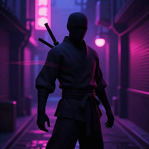 Silhouetted ninja with katana strapped to back, standing in neon-lit, purple and pink alley at night, cyberpunk style.