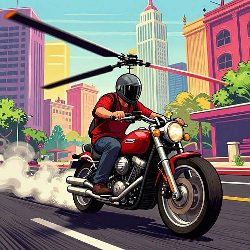 Digital illustration of a bearded man in a red shirt and helmet riding a red motorcycle through a vibrant cityscape, with buildings and trees in the background