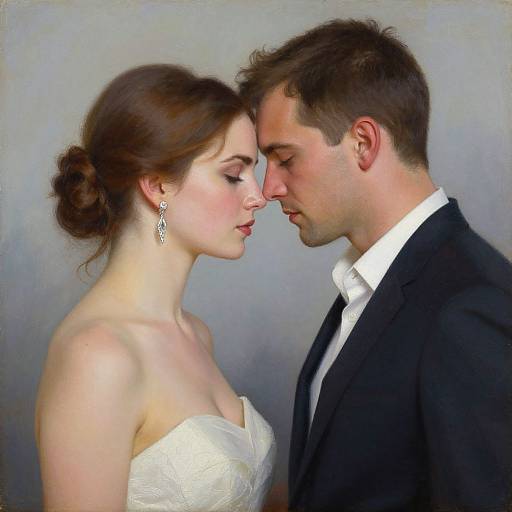 Photograph of a fair-skinned, brunette bride in a white strapless dress and diamond earrings, gently touching noses with a fair-skinned, brown