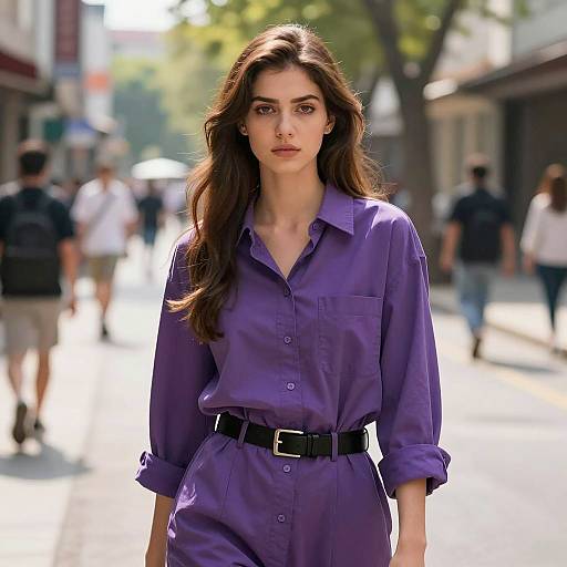 Young Woman in Oversized Purple Shirt on Urban Street