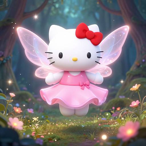 Digital illustration of glowing Hello Kitty fairy with red bow, pink dress, and transparent wings, floating in a magical forest.