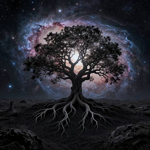 Silhouetted tree with sprawling roots against a cosmic backdrop of a glowing nebula and starry sky in digital art.