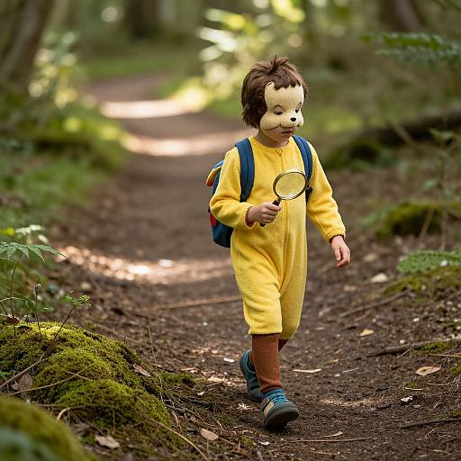 Photograph of a young child in a yellow onesie, blue shoes, and backpack, holding a magnifying glass, walking on a forest path with