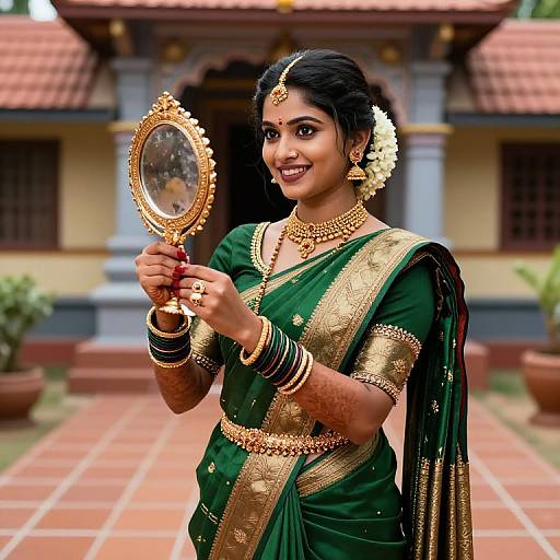 Photograph of a smiling Indian bride in a green and gold sari, holding a gold-framed mirror, adorned with jewelry, standing in front of
