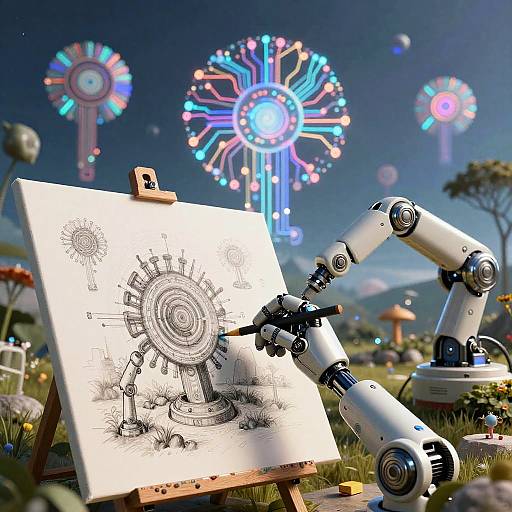 Digital artwork: robotic arm drawing intricate sun-like machine on canvas in grassy field, with glowing neon suns in the night sky.