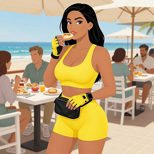 Digital illustration of a curvy woman with dark hair, wearing a yellow sports bra, shorts, gloves, and a black pouch, eating at a beach