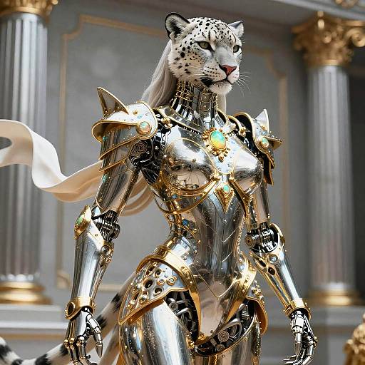 Anthropomorphic Snow Leopard in Liquid-Metal Armor