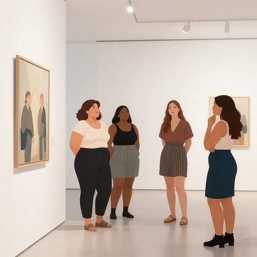 Photograph of five women, diverse in size and ethnicity, standing in a modern art gallery, discussing a portrait on the wall.