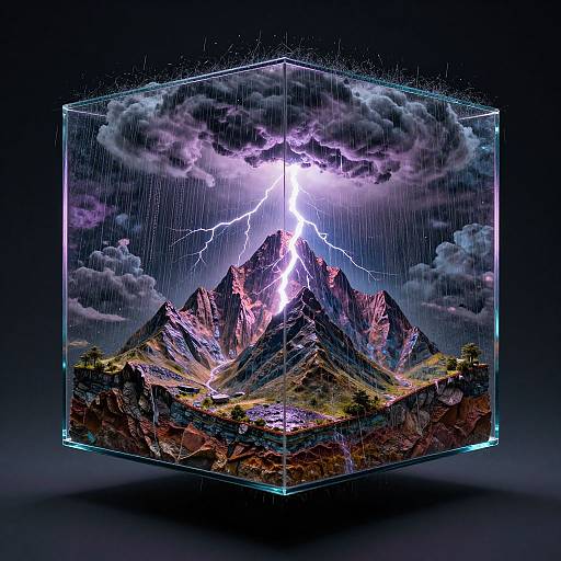 Digital artwork of a mountain peak with a lightning bolt striking it, enclosed in a transparent, glowing cube against a dark, cloudy night sky. Vibrant