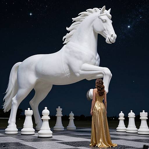 CGI image: Woman in gold gown touches white, rearing horse amidst giant chess pieces under starry night sky.