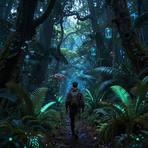 Photorealistic CGI: Adventurer in tan gear walks through glowing, bioluminescent jungle with hanging lanterns, dense ferns, and mist