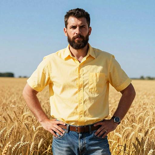 Photograph of a bearded man with short dark hair, wearing a yellow button-up shirt and blue jeans, standing in a golden wheat field under a