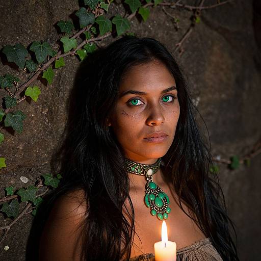 Photograph of a woman with long black hair, green eyes, and olive skin, wearing a green gemstone necklace, against a dark, vine-covered