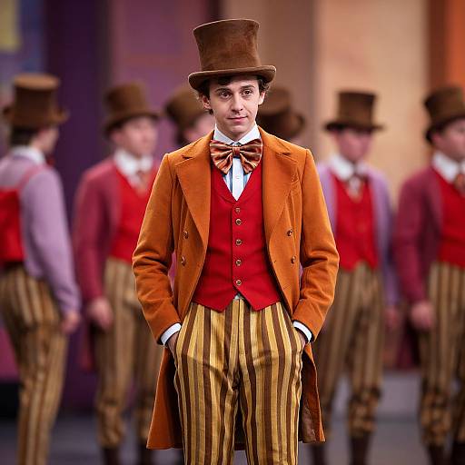 Photograph of a young boy in Victorian attire: orange velvet coat, red vest, striped brown trousers, brown top hat, bow tie, standing in