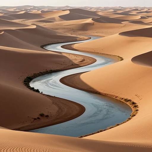 Aerial photograph of a winding, blue river cutting through undulating, orange sand dunes under bright sunlight, creating striking contrast.
