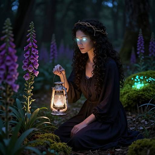 Photograph of a glowing-eyed woman with long curly black hair, wearing a black dress, holding a lantern, surrounded by purple flowers and a forest at