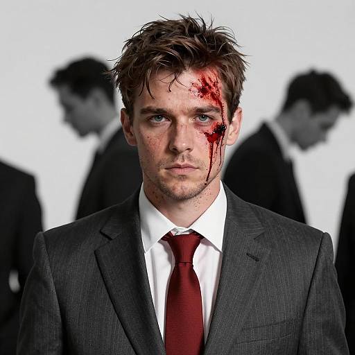 Man in Pinstripe Suit with Bloodied Face