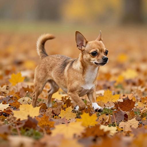Photograph of a small, tan and white Chihuahua with large ears, standing amidst a vibrant autumn forest floor covered in orange and yellow leaves