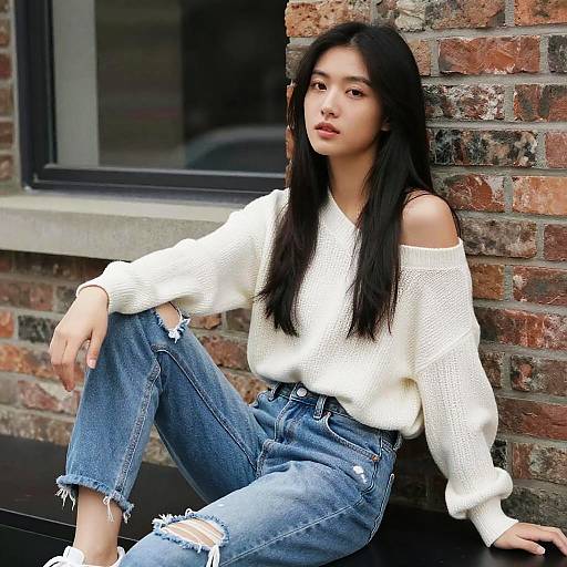 Photograph of an Asian woman with long black hair, wearing a white off-shoulder sweater and ripped blue jeans, sitting against a brick wall.