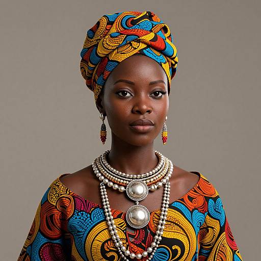 Photograph of a dark-skinned African woman with colorful, patterned headwrap and dress, wearing multiple pearl necklaces and dangling earrings, against a