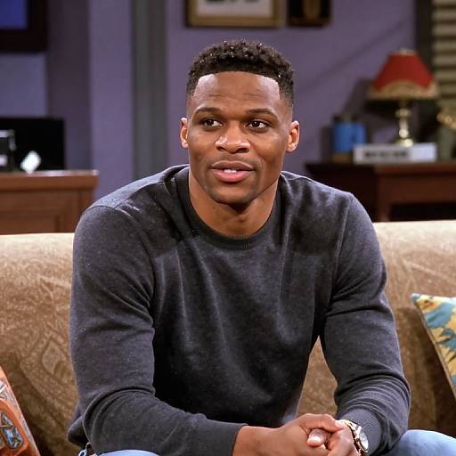 Photograph of a handsome Black man with short curly hair, wearing a dark blue long-sleeve shirt, sitting on a brown couch in a cozy