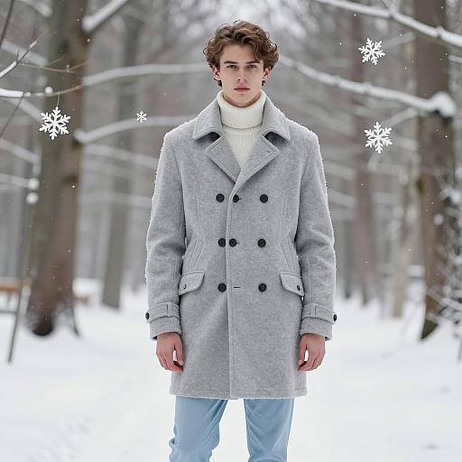 Young Man in Gray Pea Coat in Snowy Forest