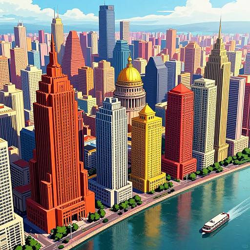 Vibrant Animated Cityscape with River and Boat