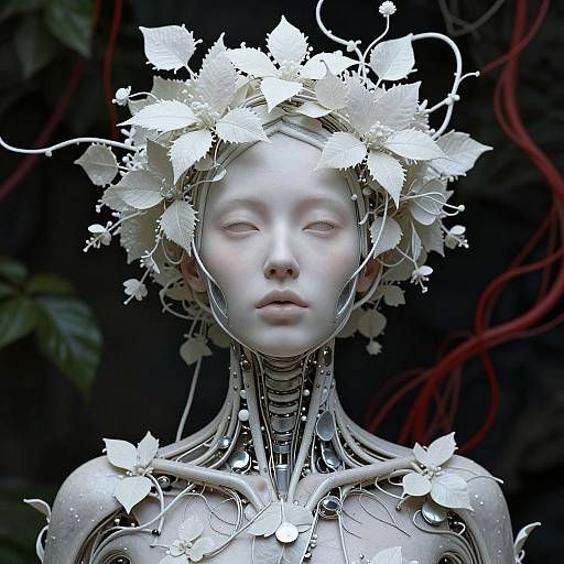 Digital artwork of a pale, ethereal android with white leaf crown, intricate metallic neck, and shoulders, set against a dark, leafy background.