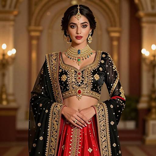 Elegant Female in Ornate Black and Gold Outfit