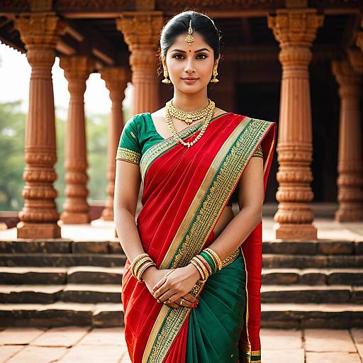 Indian Woman in Traditional Red and Green Saree