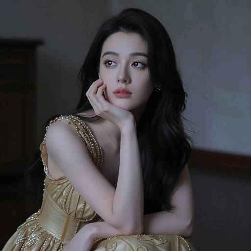 Pensive Young Woman in Ornate Gold Dress