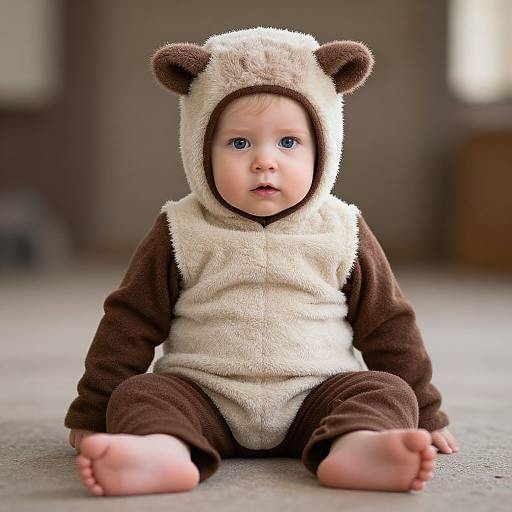 Photograph of a cute baby with blue eyes, wearing a brown and beige bear-themed onesie, sitting on a carpeted floor indoors.