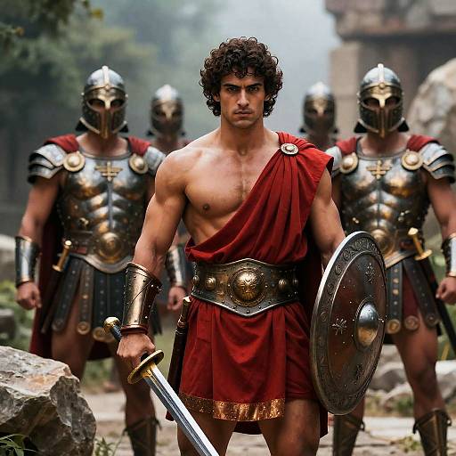 Muscular Warrior Amidst Rocky Ruins