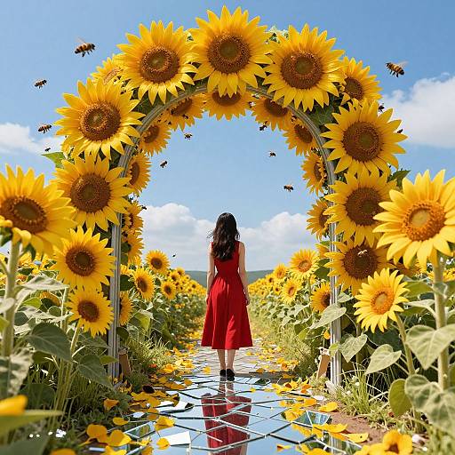 Photograph of a woman in a red dress standing under a sunflower archway in a vibrant sunflower field, with bees flying and a clear blue