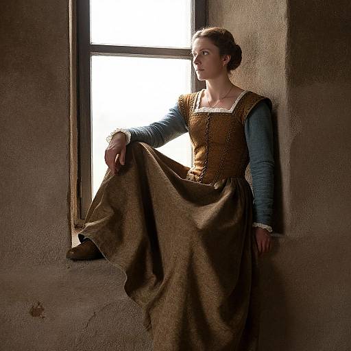 Photograph of a young woman with fair skin, brown hair in a bun, wearing a brown bodice and blue long-sleeve shirt, seated
