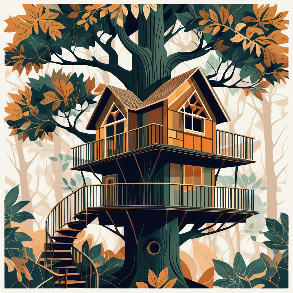 Whimsical Treehouse Illustration in Nature