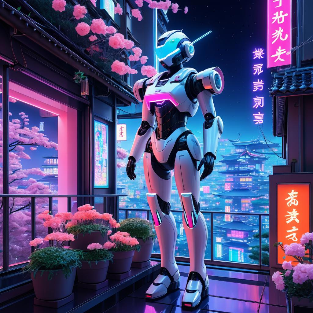 Futuristic Robot in Neon Kyoto Landscape