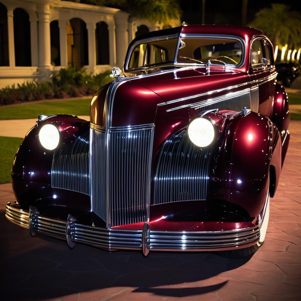 Maroon Vintage Car Parked at Night