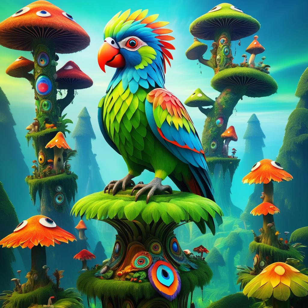 Surreal Parrot Creature on Vibrant Totem