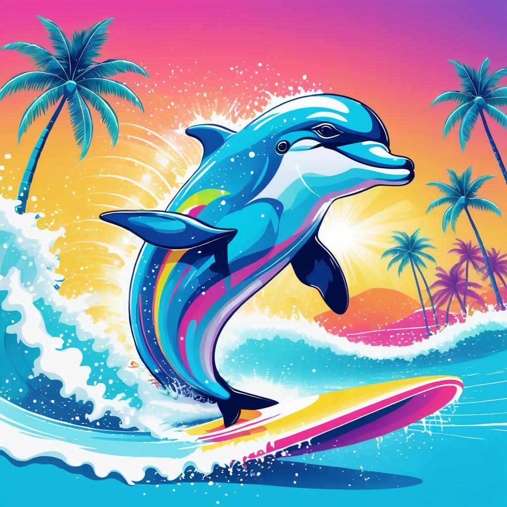 Playful Dolphin Surfing in Vibrant Art