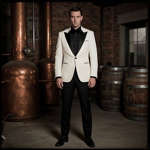 Photograph of a handsome man in a white tuxedo with black lapels and shirt, standing in a dimly lit brewery with copper kett