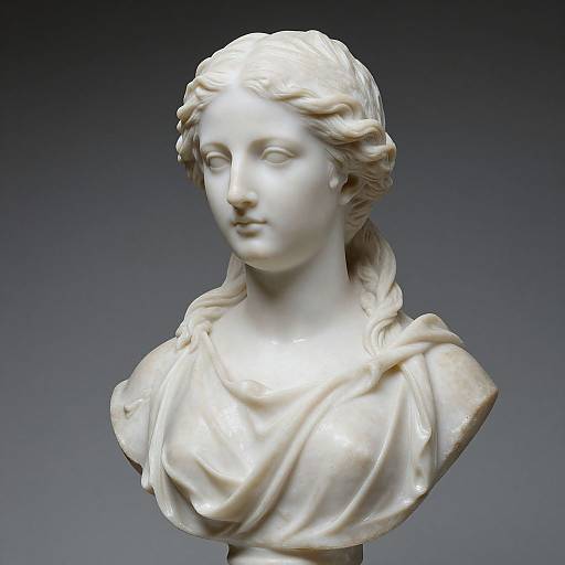 Photograph of a classical marble bust depicting a serene, youthful woman with wavy hair, draped in a softly textured cloth.