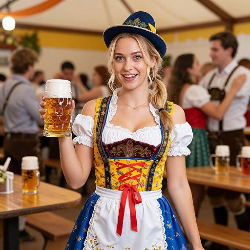 Photograph of a smiling blonde woman in traditional Bavarian dirndl, blue apron, yellow bodice, and black hat, holding a foamy