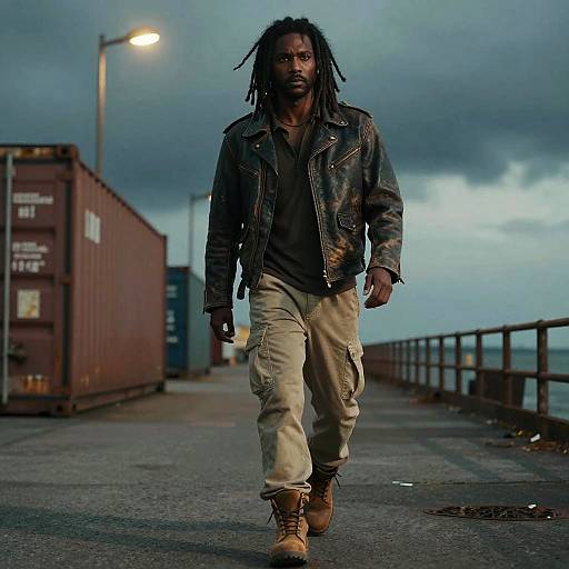 Photograph of a rugged, dark-skinned man with dreadlocks, wearing a worn leather jacket, beige cargo pants, and brown boots, walking on