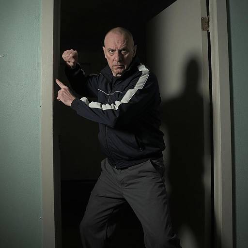 Middle-aged man in doorway with intense expression