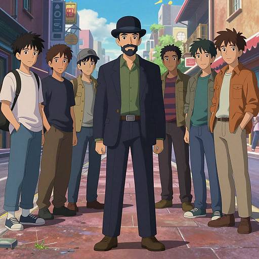 Digital anime-style illustration: Tall, bearded man in black suit and hat stands center, flanked by six young men in casual clothing on a sun