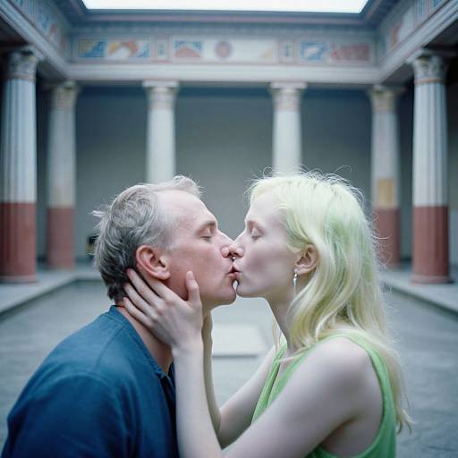 Photograph of a blonde woman in a green sleeveless top and a gray-haired man in a black shirt kissing passionately in a classical-style, columned